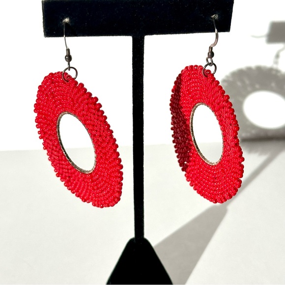 RED BEADED Statement Hoop Earrings - Picture 6 of 6